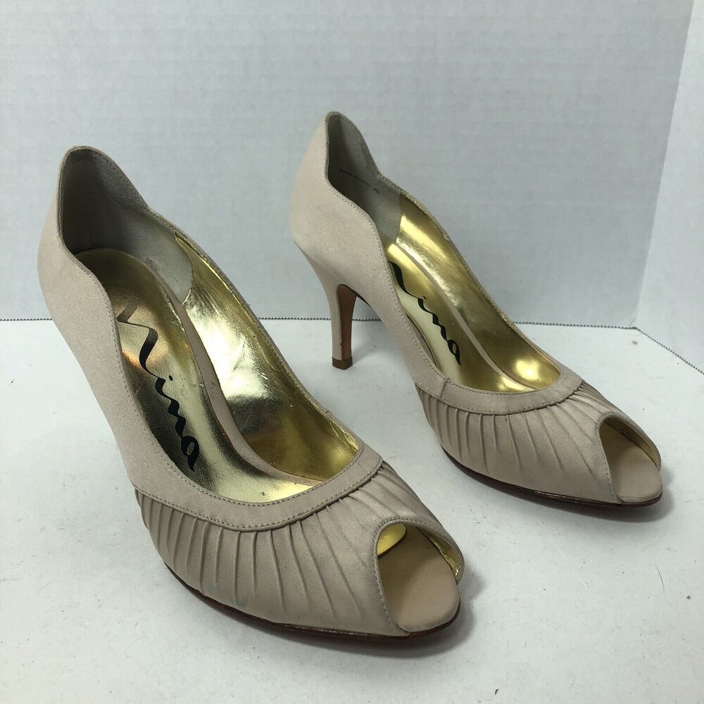 Nina High Heels Womens Size 7‎ Pumps Peep Toe Leather Sole Light Tan B3